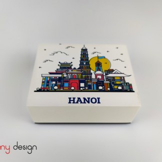 White rectangular lacquer box hand-painted with Hanoi picture